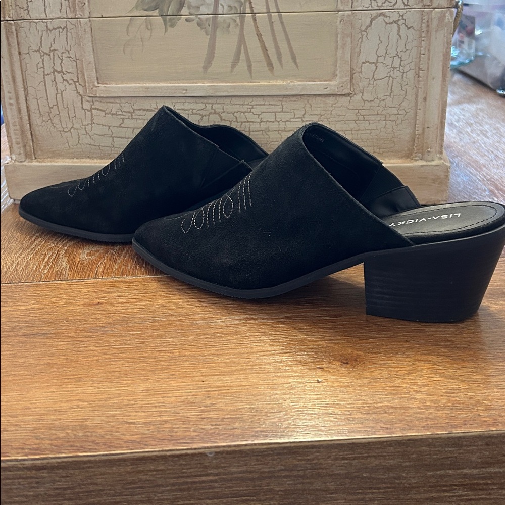 Lisa Vicky Black Suede Pointy Toe Skip Heeled Mule Western Embroidered